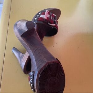 Bally Red and Brown Buckle Clog Heels Authentic